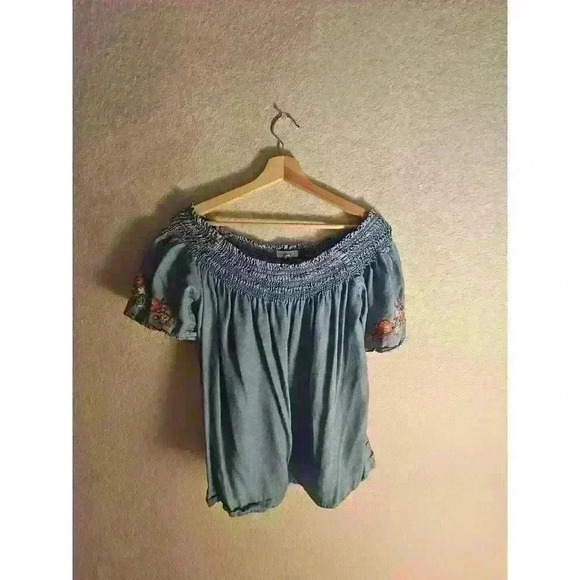 Off shoulder denim embroidered blouse - Picture 1 of 3